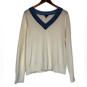 Talbots Cream V-Neck Sweater with Navy Trim